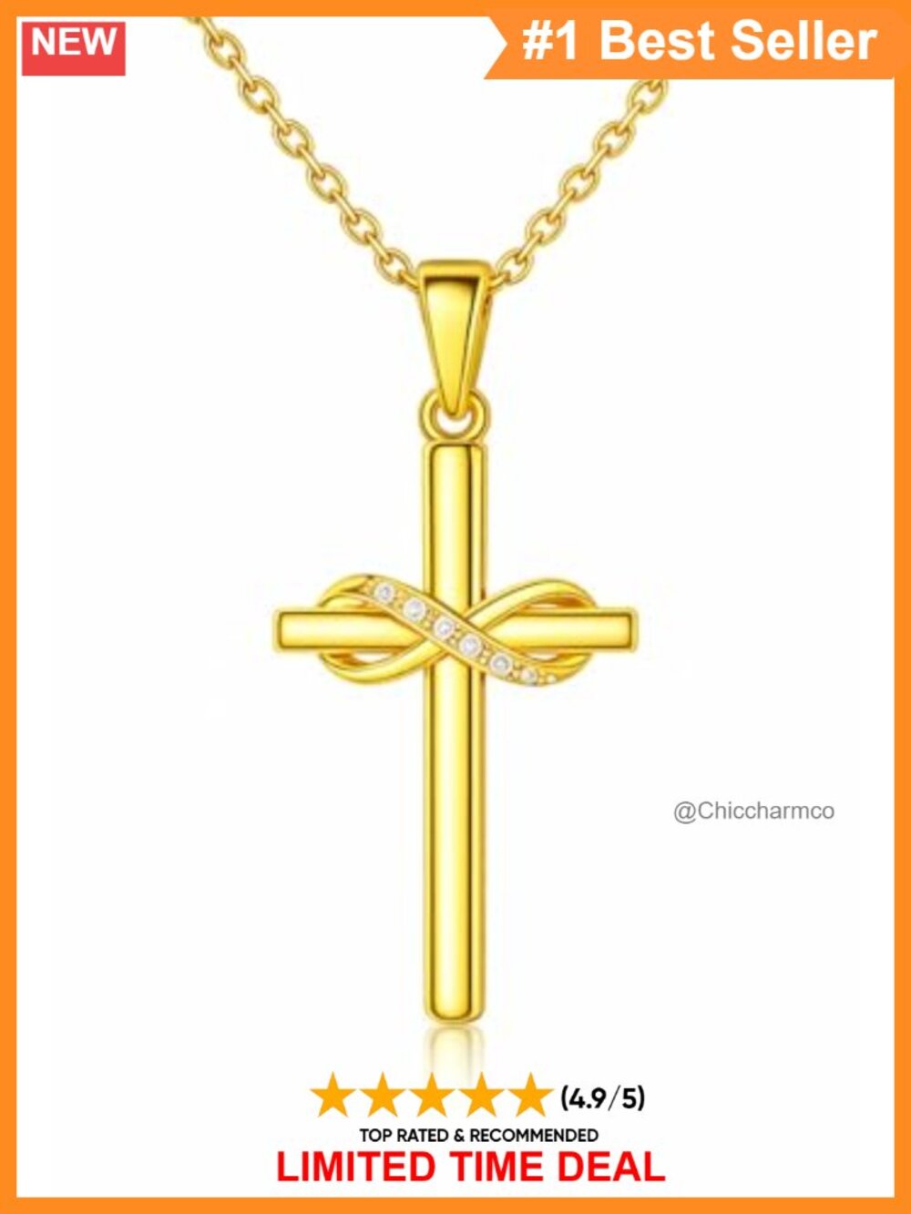 14K Gold Cross Necklace Small Infinity Pendant Adjustable Chain